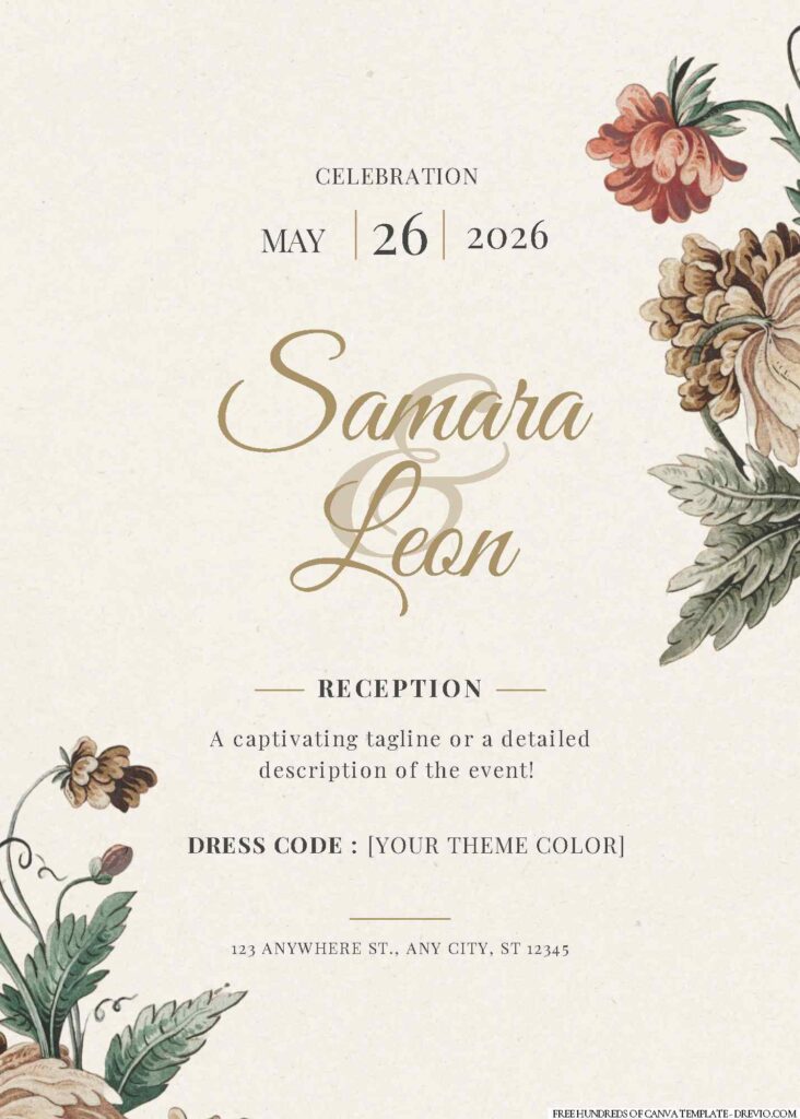 Drawing Vintage Beautiful Flower Canva Wedding Invitation Templates