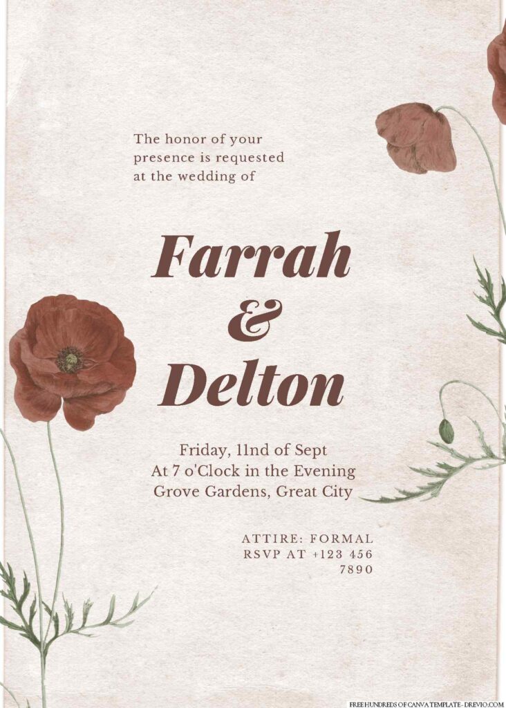 Free Editable Vintage Red Floral Plant Illustration Wedding Invitation
