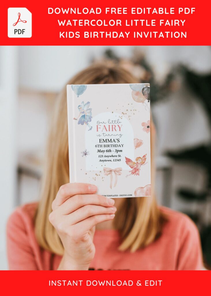 (Free Editable PDF) Pretty Garden Fairy Birthday Invitation Templates with watercolor ribbon
