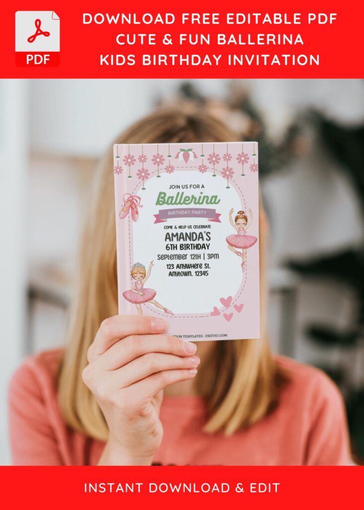 (Free Editable PDF) Pink Floral Ballerina Birthday Invitation Templates with adorable ballerinas