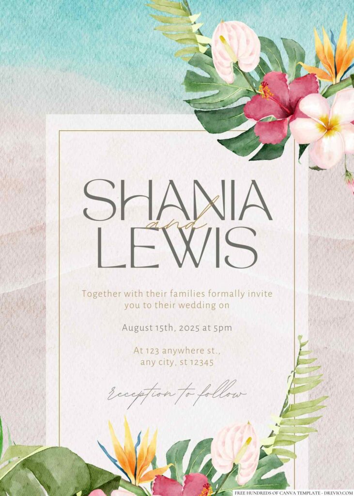 Tropical Green White Watercolor Canva Wedding Invitation Templates