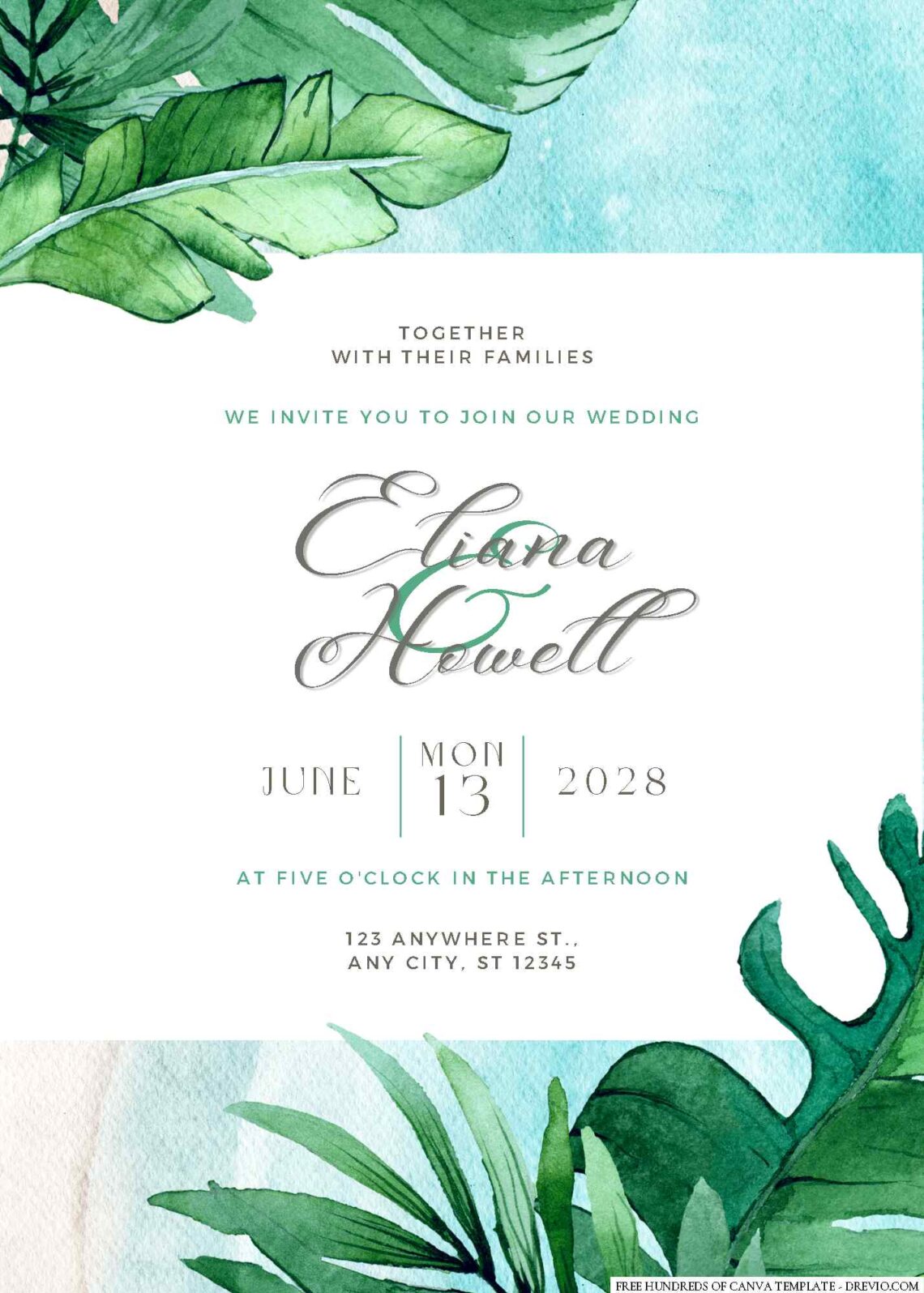 Free Editable Watercolor Tropical Leaves Greenery Wedding Invitation