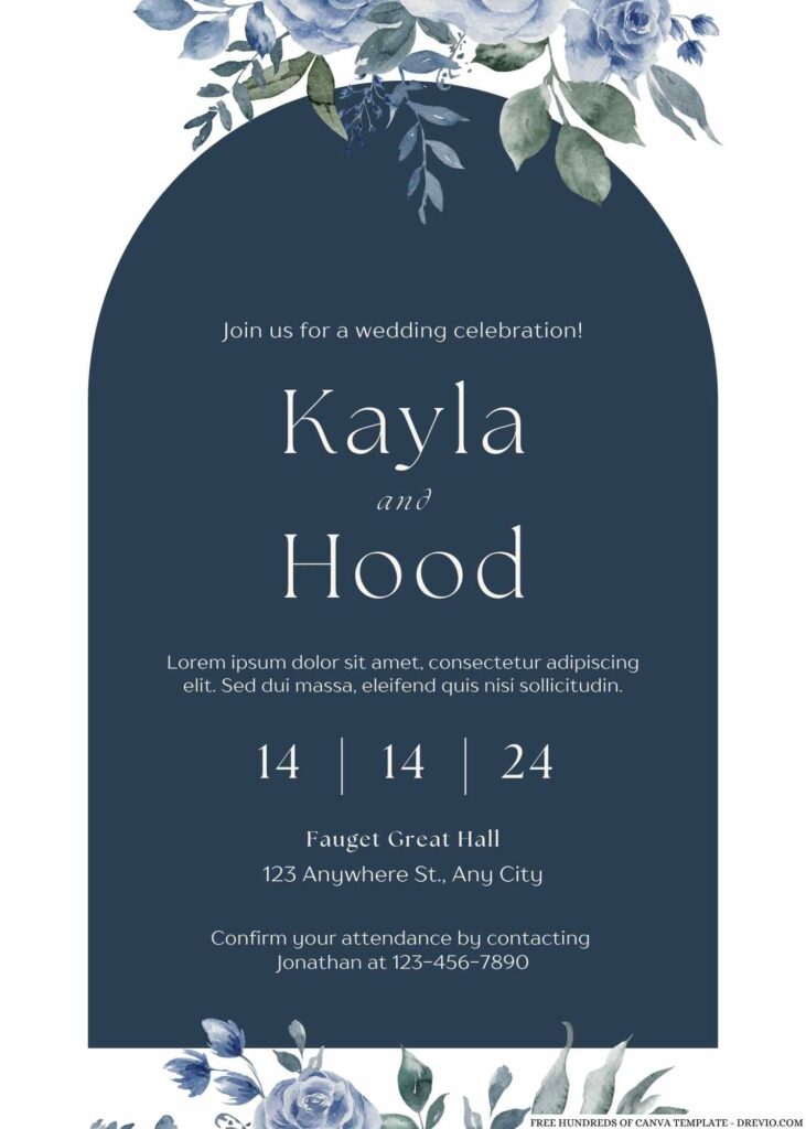 Free Editable Navy Watercolor Rose Flower Wedding Invitation