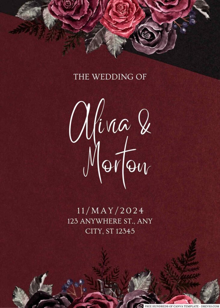 Free Editable Watercolor Burgundy Red Floral Wedding Invitation