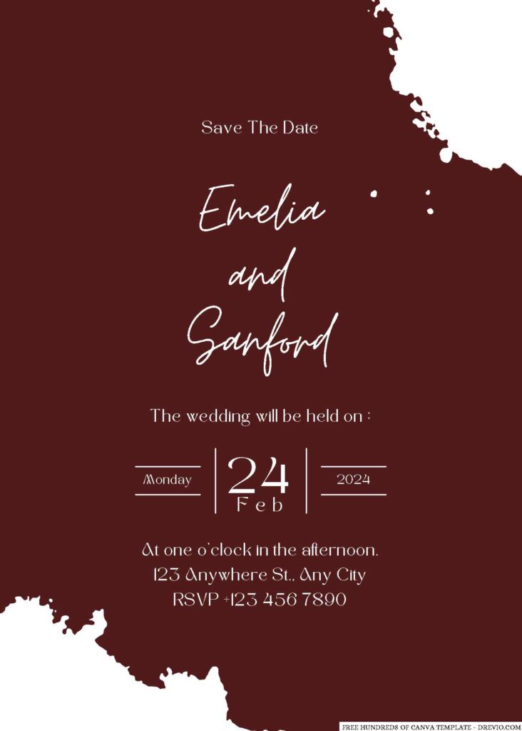 Burgundy Splash Ink White Canva Wedding Invitation Templates