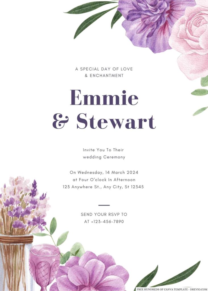 Free Editable Watercolor Floral Purple Pink Wedding Invitation