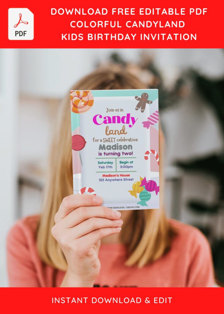 (Free Editable PDF) Sweet Candyland Birthday Invitation Templates with sweet lollipop
