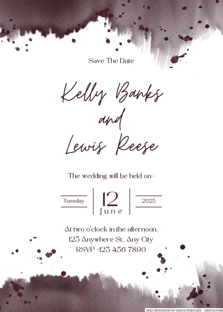 Free Editable Burgundy Abstract Splash Watercolor Wedding Invitation