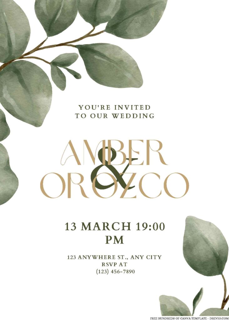 Free Editable Eucalyptus Watercolor Leaves Wedding Invitation
