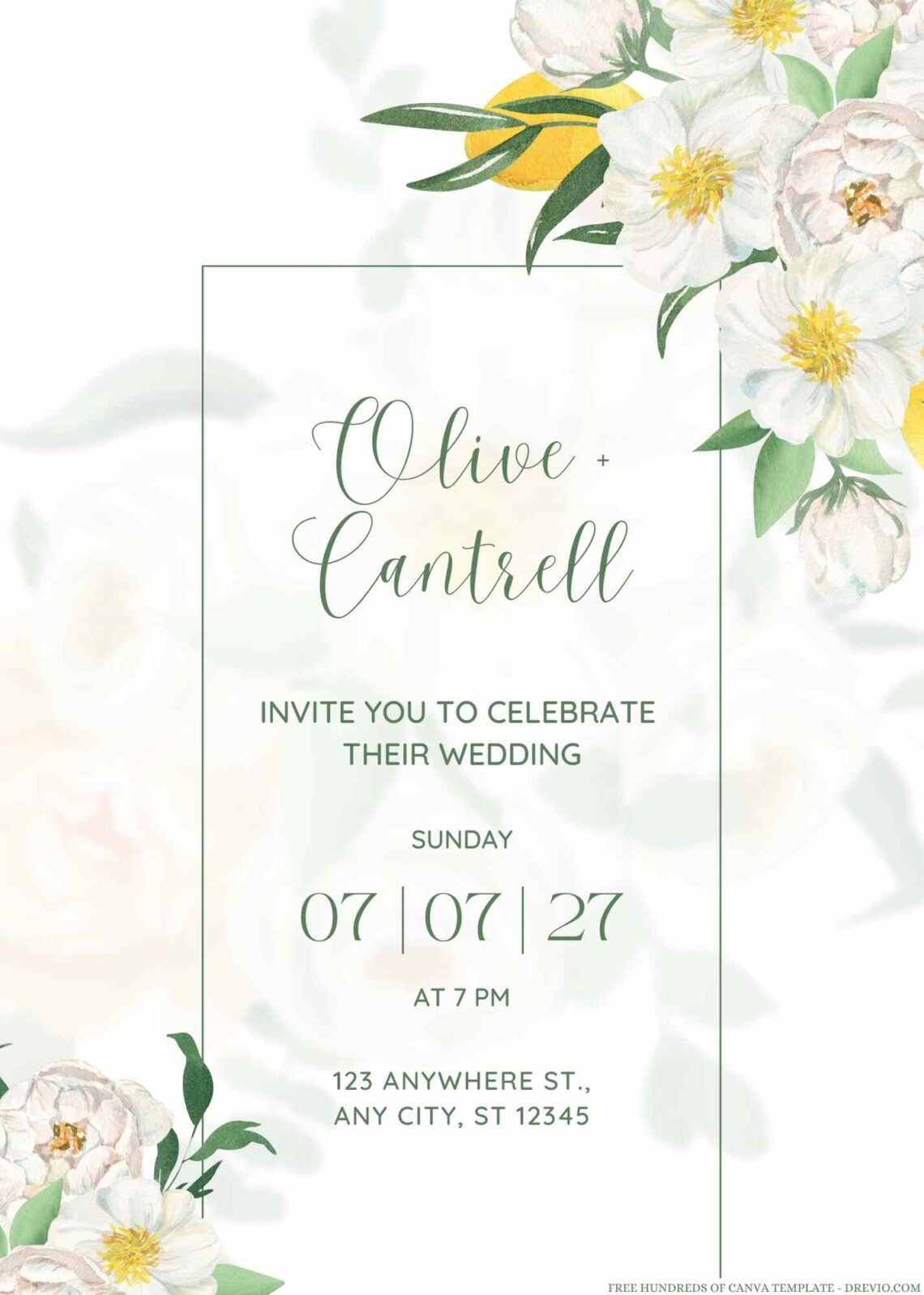 Free Editable Watercolor Greenery White Peonies Wedding Invitation