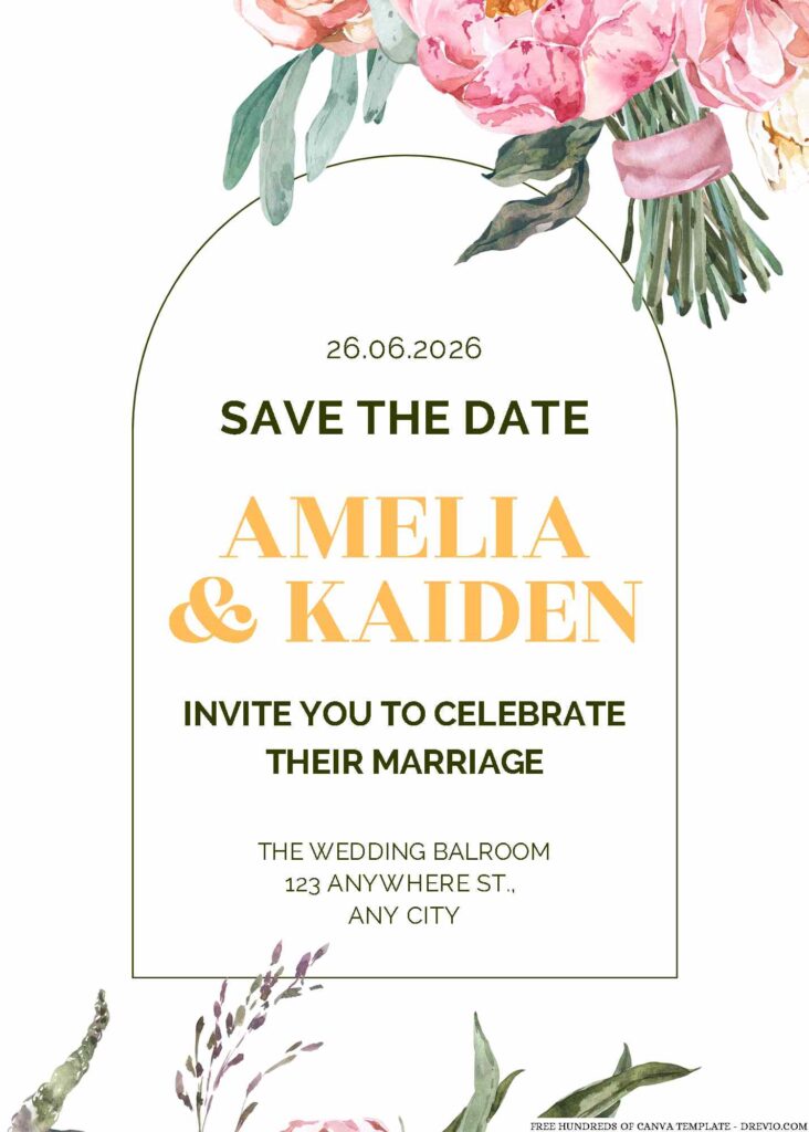 Free Editable Garden Pink Green Leaves Watercolor Wedding Invitation