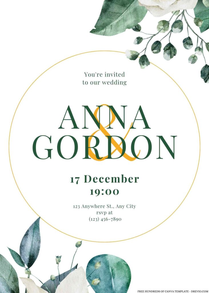 Free Editable Green Leaves White Roses Wedding Invitation