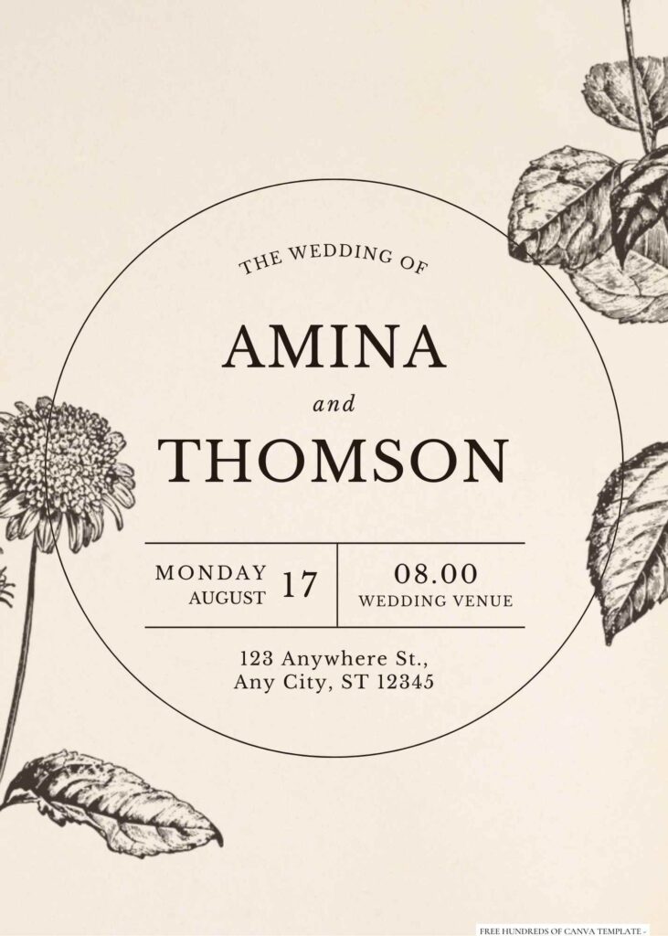 Free Editable Vintage Line Floral Illustration Wedding Invitation