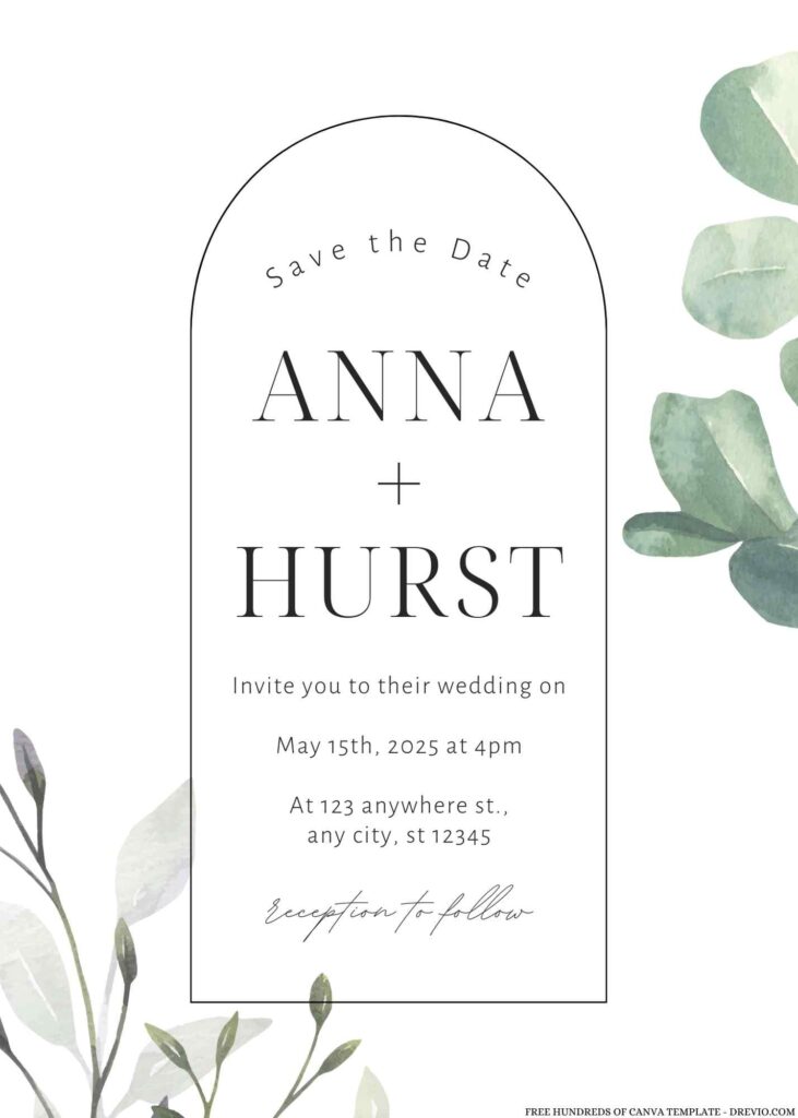 Free Editable Watercolor Green Leaves Eucalyptus Wedding Invitation
