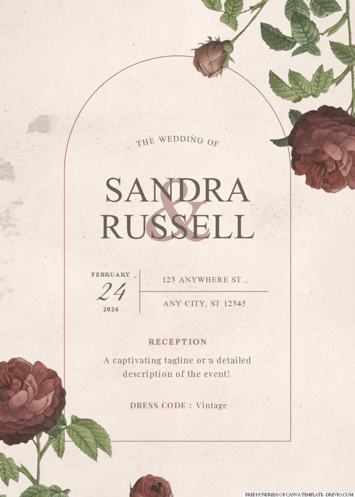 Free Editable Vintage Painting Flower Roses Wedding Invitation