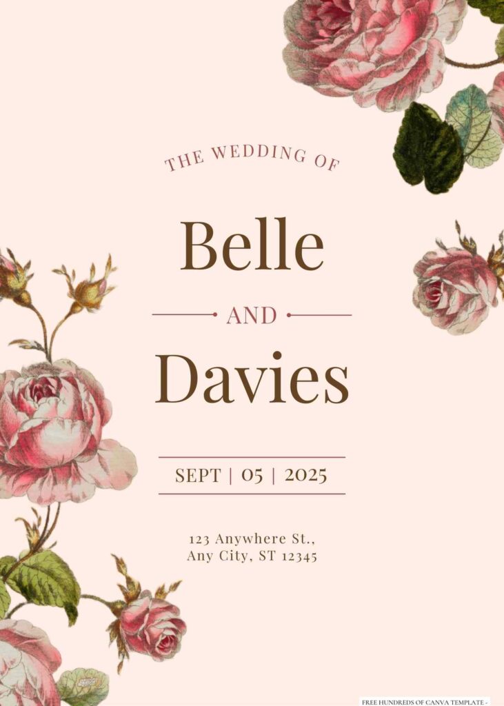 Free Editable Vintage Cabbage Roses Illustration Wedding Invitation