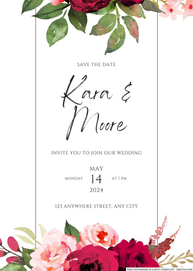 20+ Watercolor Red Pink Roses Floral Canva Wedding Invitation Templates ...