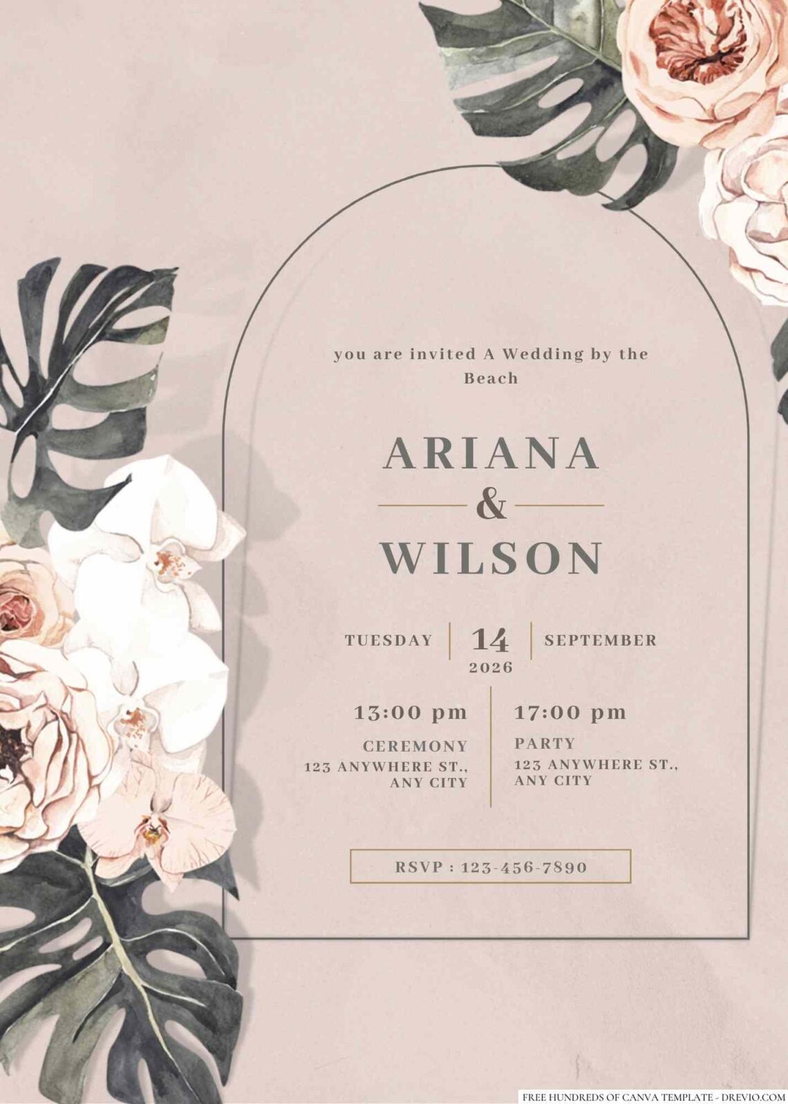 Free Editable Dark Green Tropical Floral Wedding Invitation