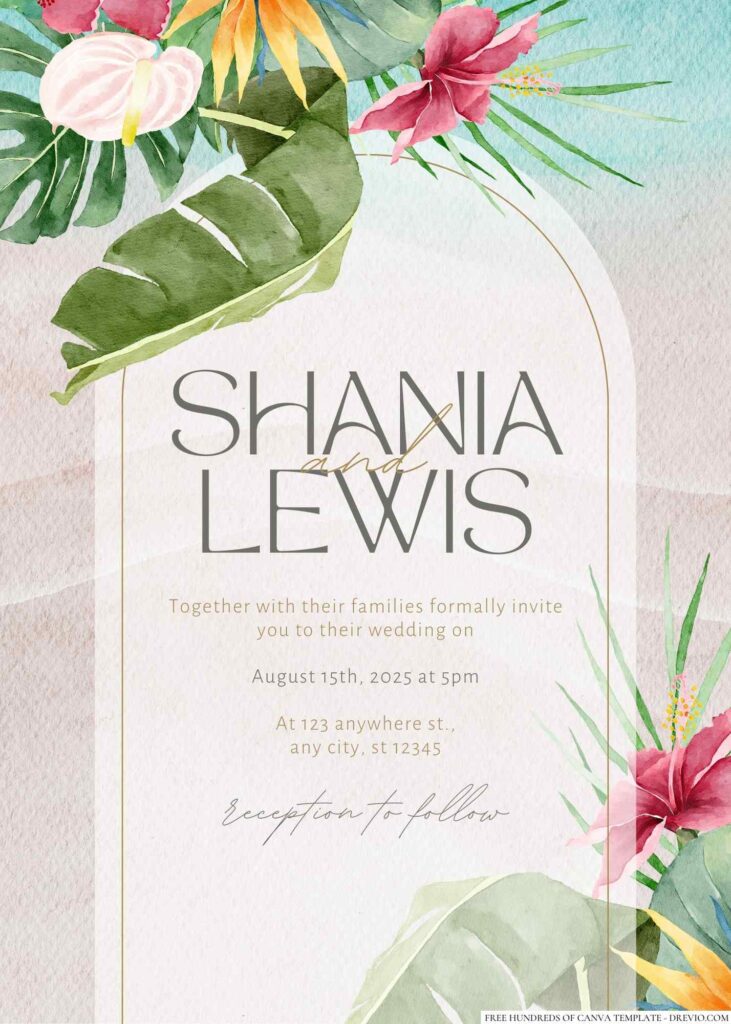 Tropical Green White Watercolor Canva Wedding Invitation Templates