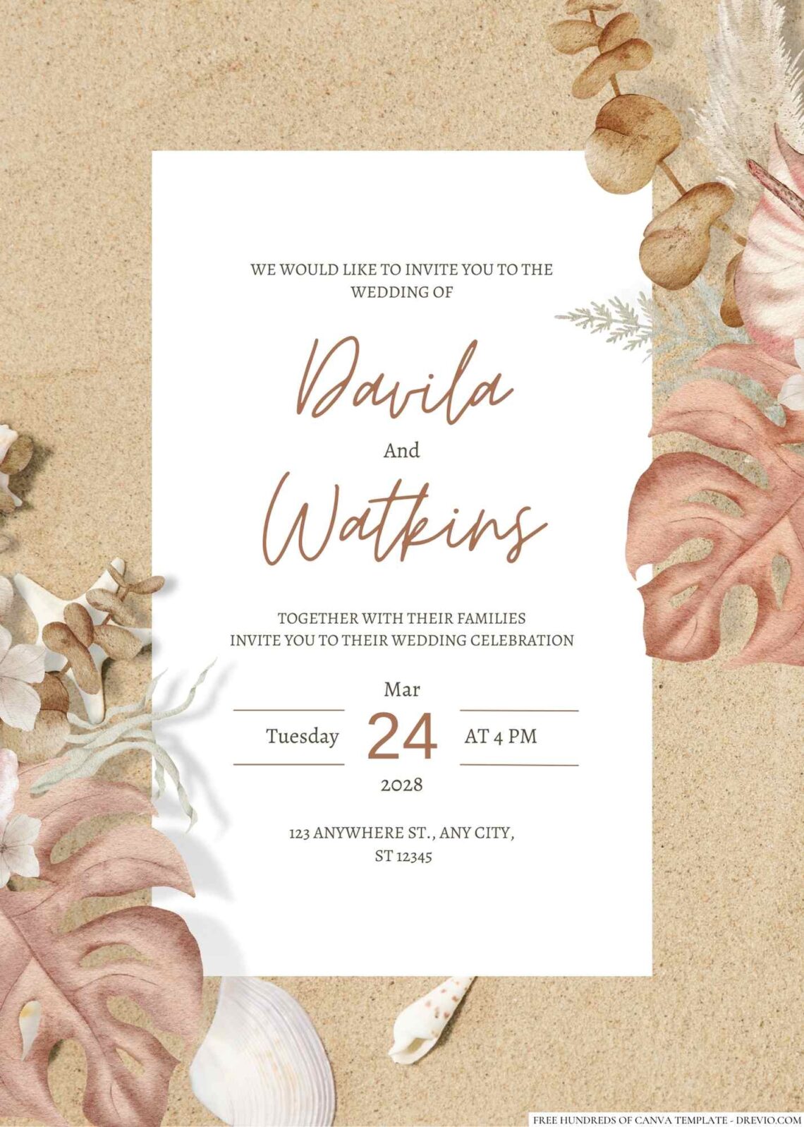 Free Editable Pink Boho Tropical Floral Watercolor Wedding Invitation