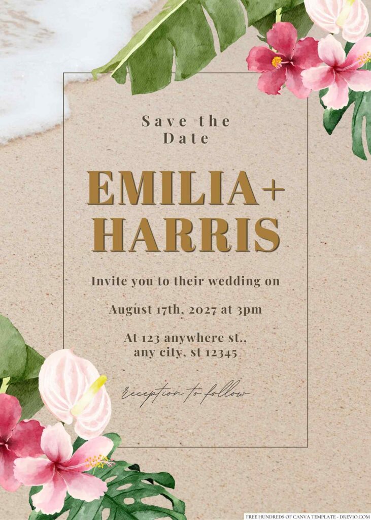 Free Editable Colorful Tropical Flower Leaves Wedding Invitation