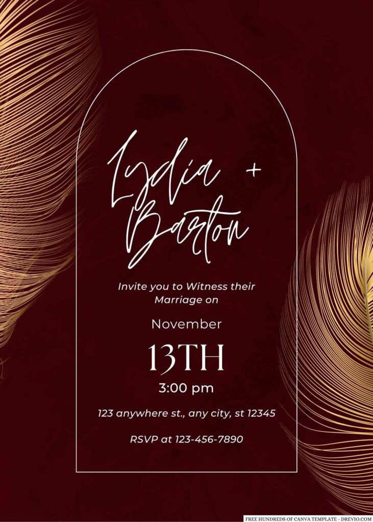 Free Editable Burgundy Gold Feather Wedding Invitation