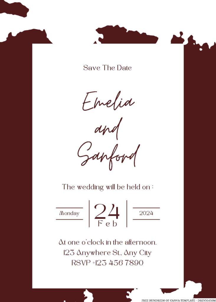 Burgundy Splash Ink White Canva Wedding Invitation Templates