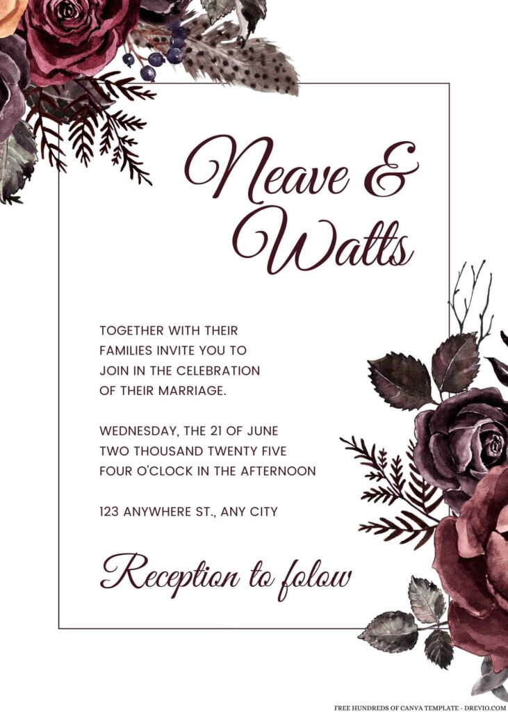 Free Editable Burgundy Goth Style Floral Wedding Invitation 