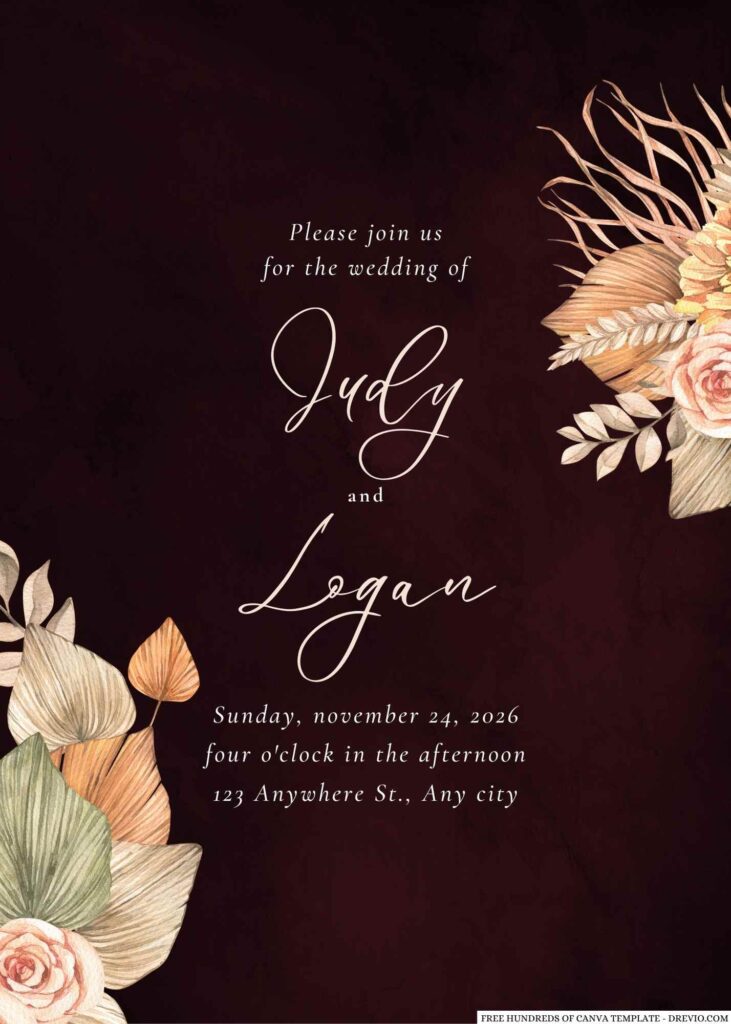 Free Editable Burgundy Dry Flower Bouquet Wedding Invitation