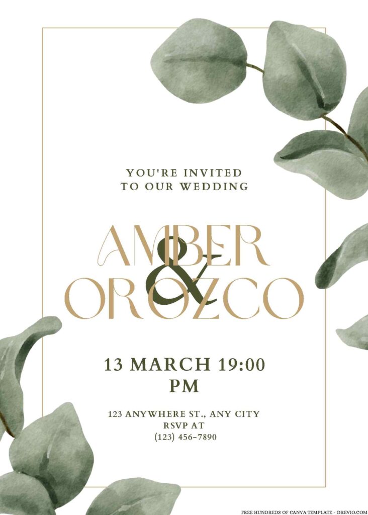 Free Editable Eucalyptus Watercolor Leaves Wedding Invitation