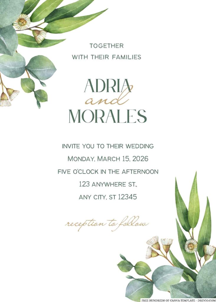 Free Editable Watercolor Green Leaves Yellow Flower Wedding Invitation