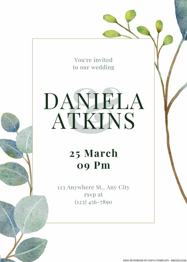 Free Editable Bouquet Eucalyptus Green Leaves Wedding Invitation