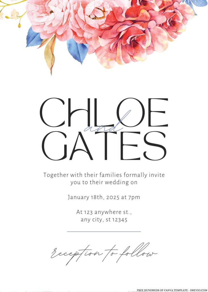 Free Editable Watercolor Blue Pink Floral Wedding Invitation