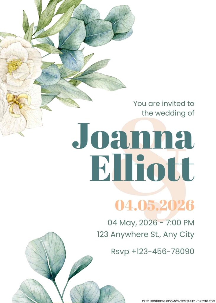 Watercolor Illustration Green Leaves Canva Wedding Invitation Templates