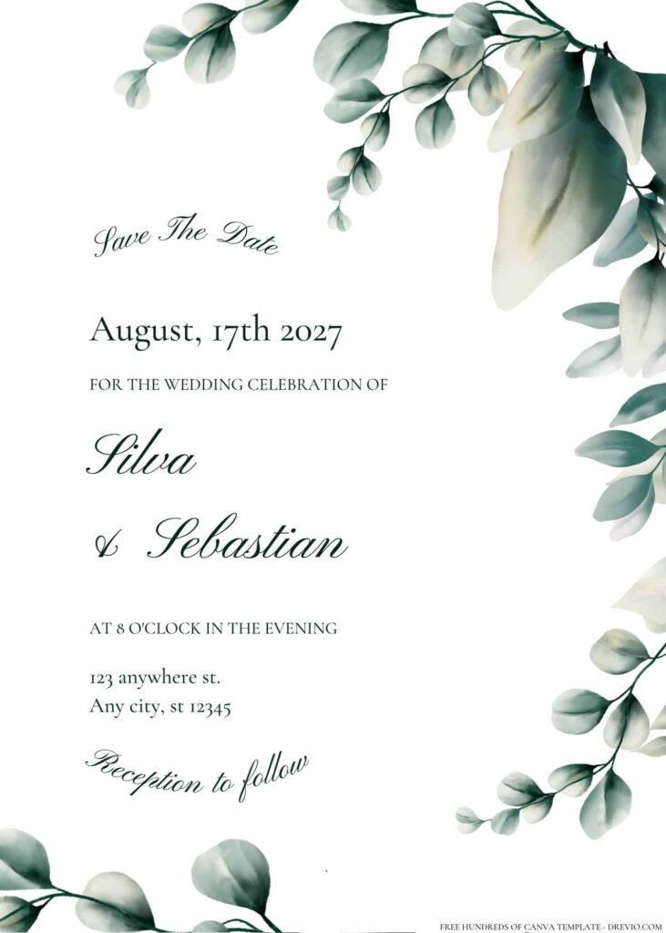 Free Editable Dark Green Eucalyptus Watercolor Wedding Invitation