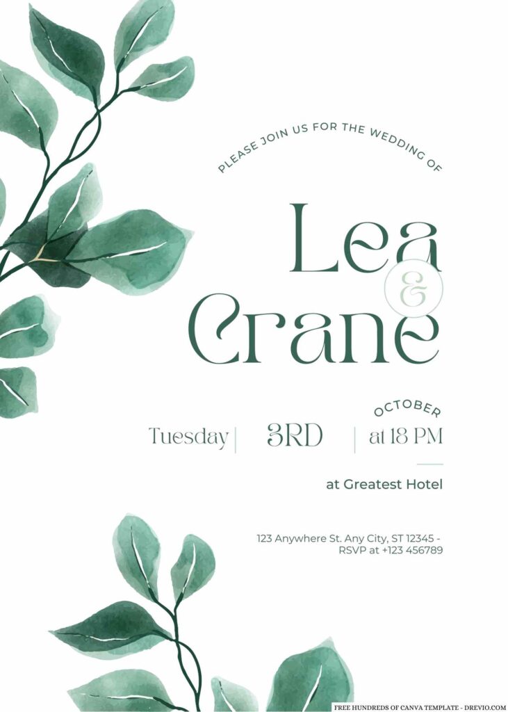 Watercolor Eucalyptus Greenery Canva Wedding Invitation Templates