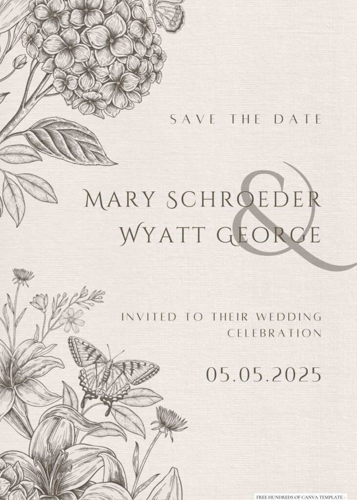 Floral Line Vintage Canva Wedding Invitation Templates