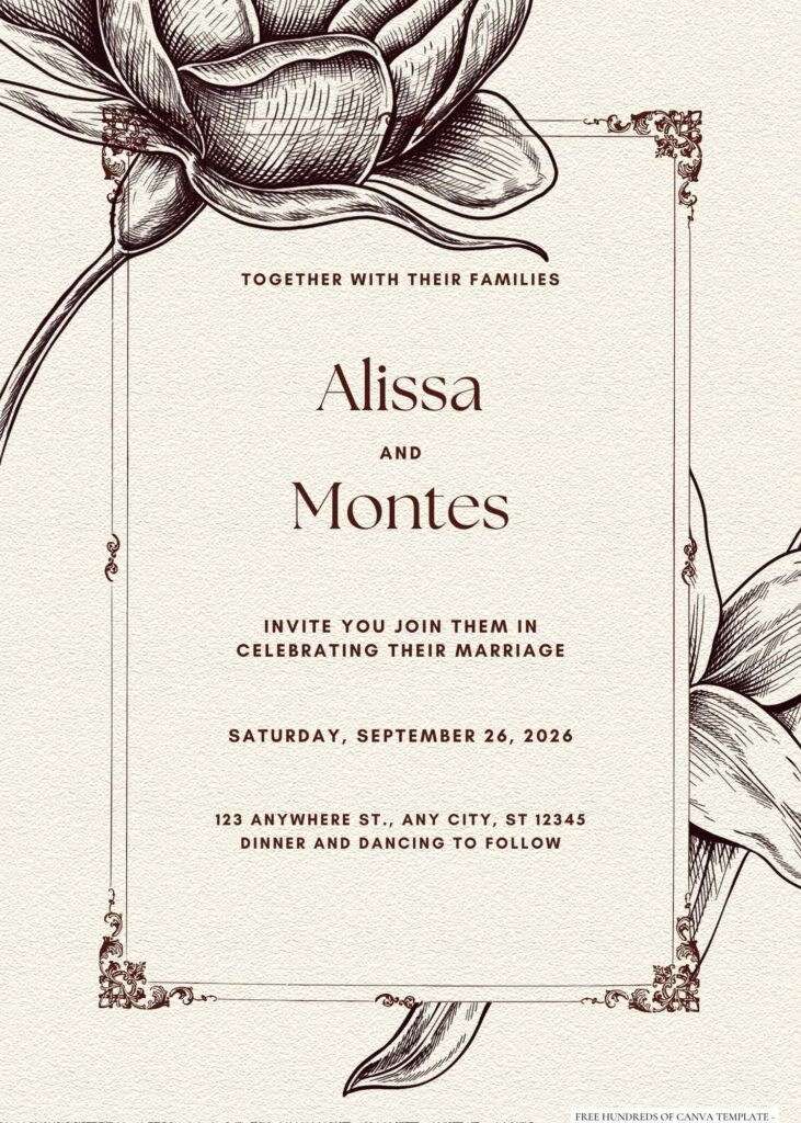 Free Editable Vintage Line Floral Garden Wedding Invitation