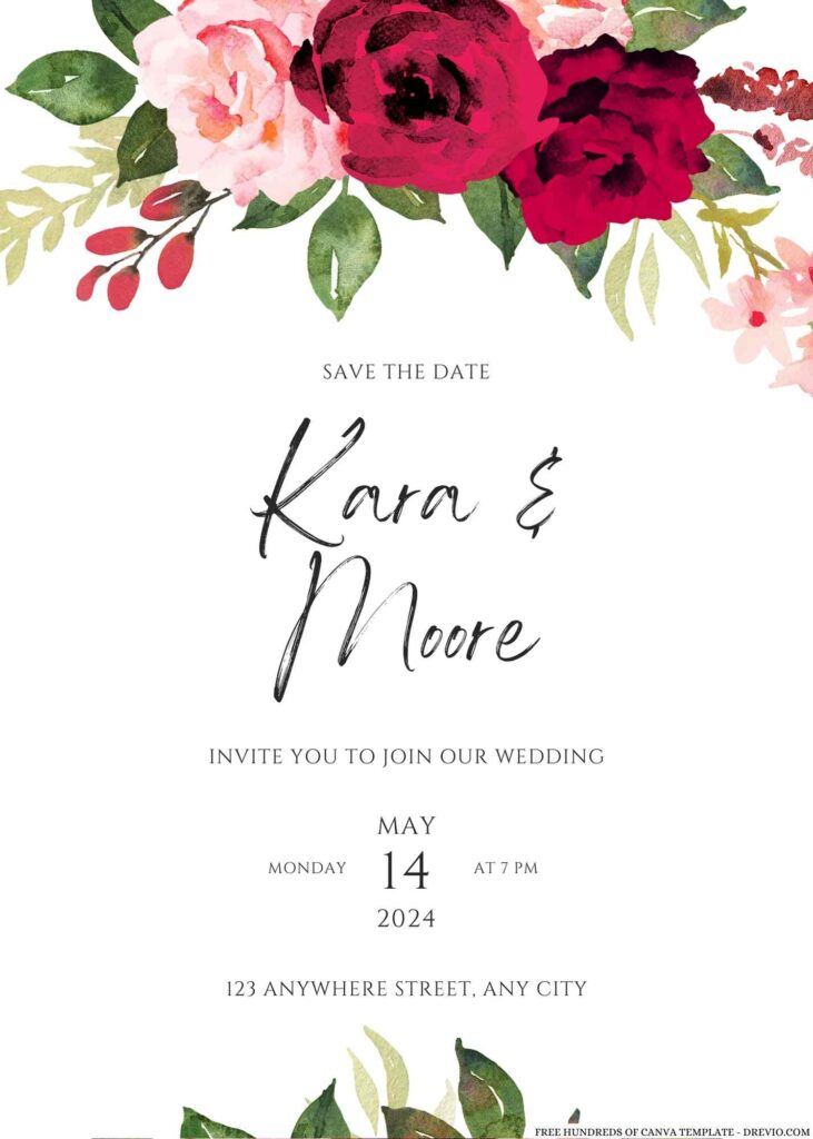 Free Editable Watercolor Red Pink Roses Floral Wedding Invitation 