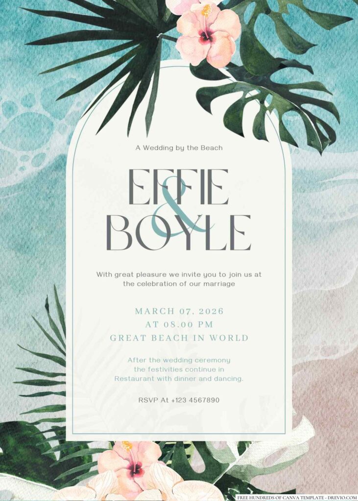 Free Editable Tropical Floral Full Color Wedding Invitation