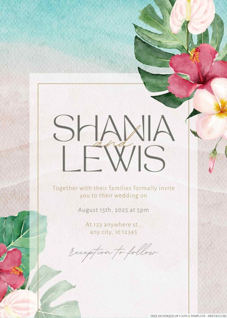 Tropical Green White Watercolor Canva Wedding Invitation Templates