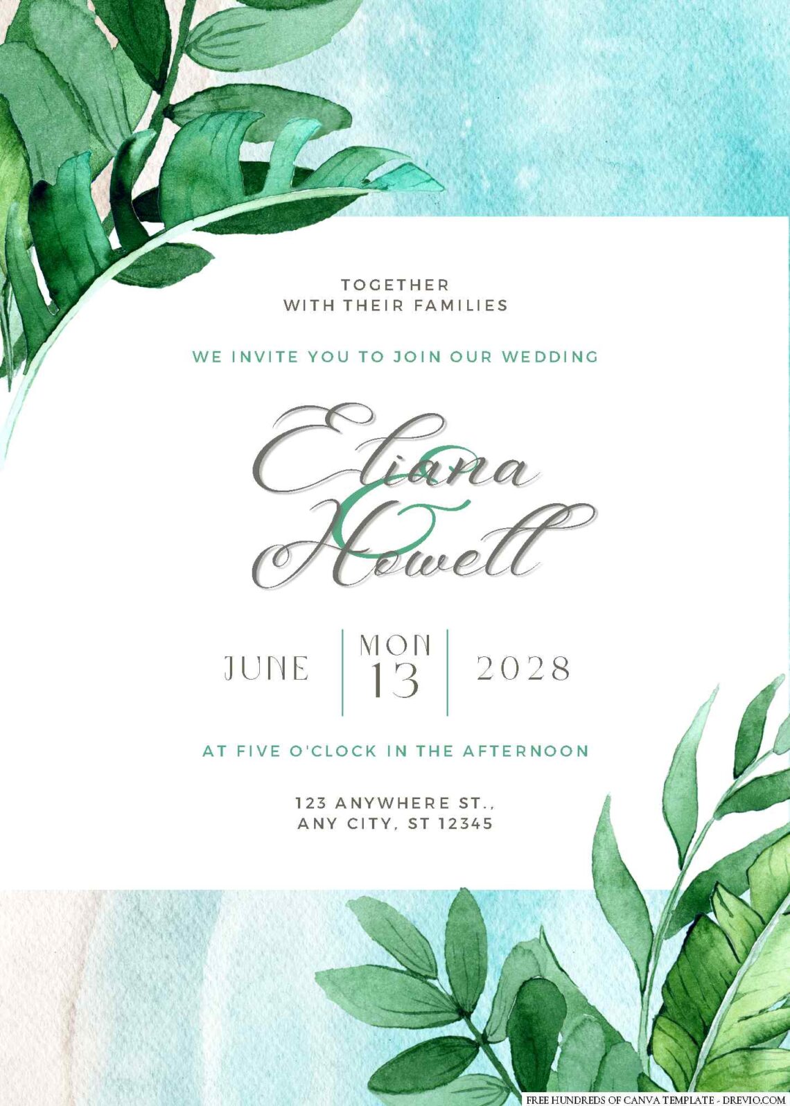 Free Editable Watercolor Tropical Leaves Greenery Wedding Invitation