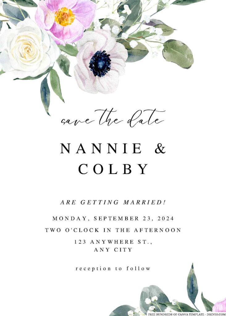 Watercolor Anemone Eucalyptus Canva Wedding Invitation Templates