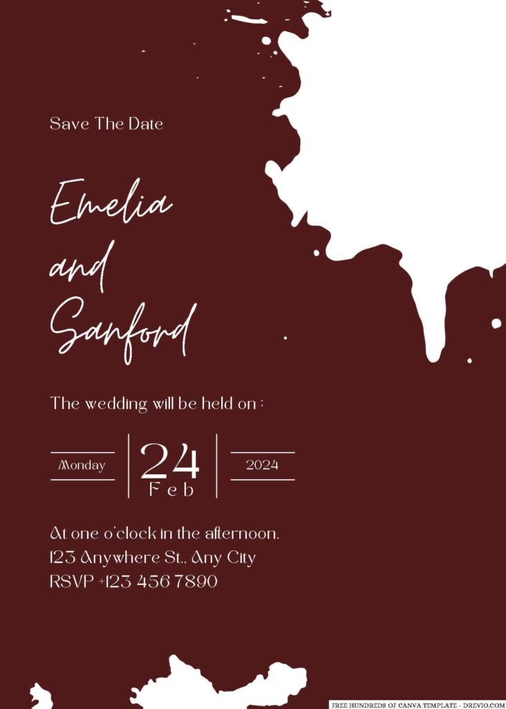 Burgundy Splash Ink White Canva Wedding Invitation Templates