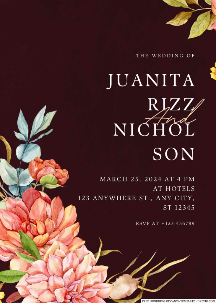 Free Editable Burgundy Fall Watercolor Floral Wedding Invitation