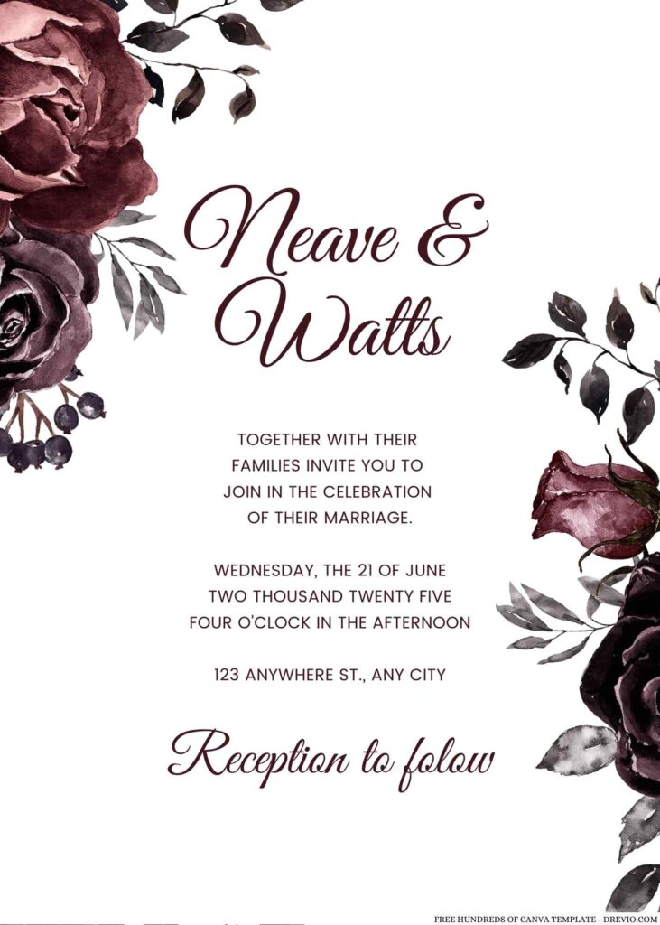 Free Editable Burgundy Goth Style Floral Wedding Invitation 