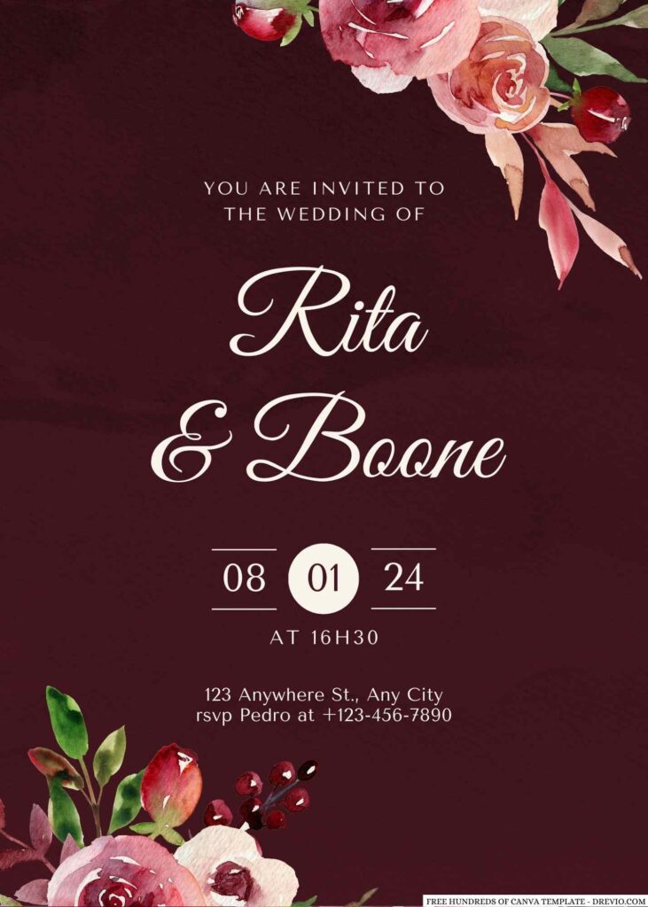 Free Editable Burgundy Watercolor Floral Composition Wedding Invitation