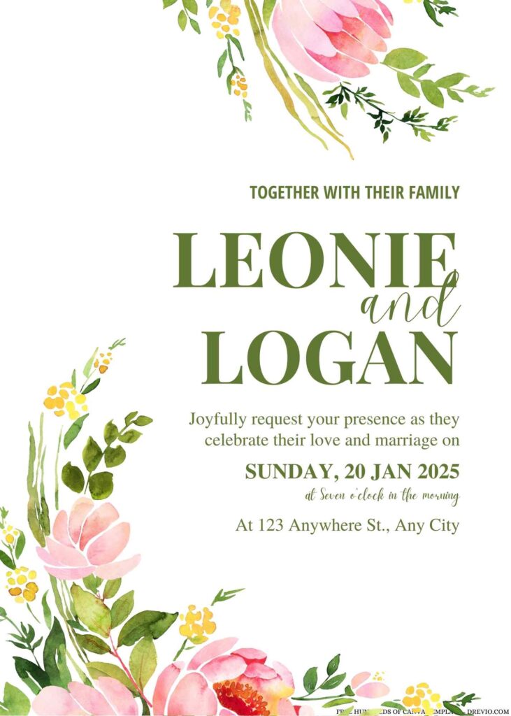 Free Editable Pink Yellow Floral Green Leaves Wedding Invitation