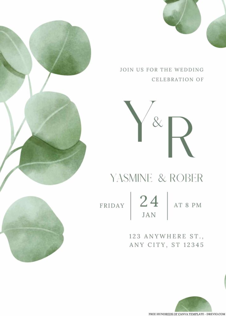 Free Editable Rustic Eucalyptus Watercolor Green Wedding Invitation