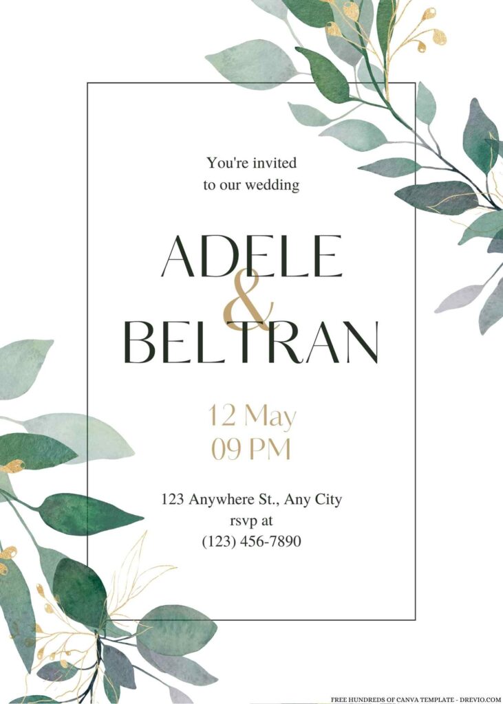 Free Editable Bouquet Green Gold Leaves Wedding Invitation